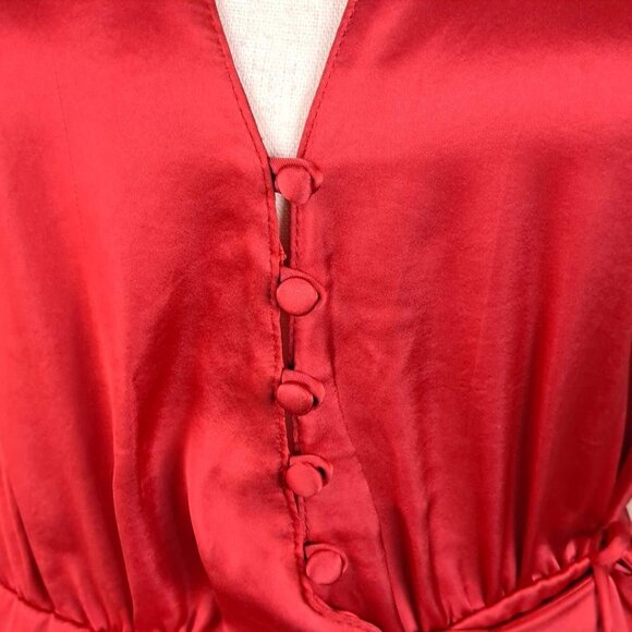 Zara Size Medium Red Satin Wrap Dress V-Neck Long Sleeve Button Details Holiday - Picture 2 of 14